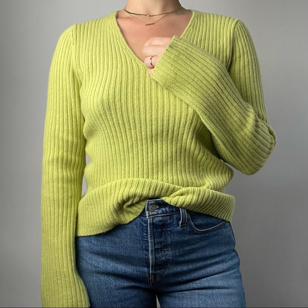 VINTAGE Angora Knit Lime Green V Neck Ribbed Sweater Ann Taylor